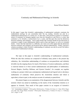 Continuity and Mathematical Ontology in Aristotle