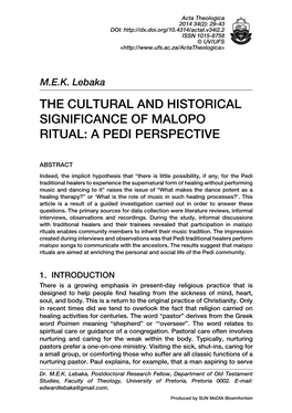 The Cultural and Historical Significance of Malopo Ritual: a Pedi Perspective