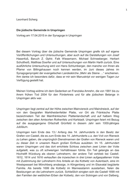 Die Jüdische Gemeinde in Urspringen Vortrag Am 17.04.2015 in Der Synagoge in Urspringen