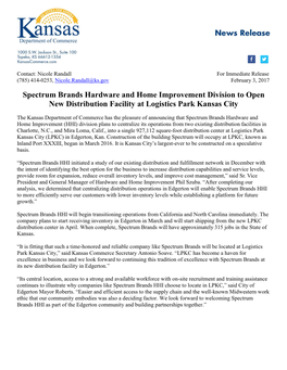 Spectrum Brands Hardware and Home Improvement Division to Open New Distribution Facility at Logistics Park Kansas City