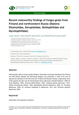 Recent Noteworthy Findings of Fungus Gnats from Finland and Northwestern Russia (Diptera: Ditomyiidae, Keroplatidae, Bolitophilidae and Mycetophilidae)