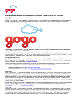 Gogo's Business Aviation Group Expands Air-To-Ground Connectivity Service to Canada