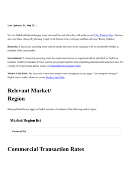 Relevant Market/ Region Commercial Transaction Rates