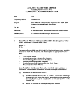 ADELAIDE HILLS COUNCIL MEETING Tuesday 12 November 2013 CONFIDENTIAL AGENDA BUSINESS ITEM