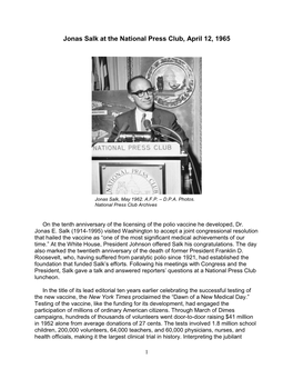 Jonas Salk at the National Press Club, April 12, 1965