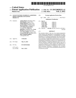 (12) Patent Application Publication (10) Pub. No.: US 2012/0028333 A1 Piatesi Et Al