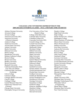 COLLEGES and UNIVERSITIES REPRESENTED in the 2009-2010-2011 ENTERING CLASSES – FULL and PART-TIME STUDENTS Abilene Christian U