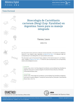 Bioecología De Cactoblastis Cactorum (Berg) (Lep: Pyralidae) En Argentina: Bases Para Su Manejo Integrado