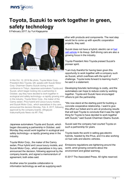 Toyota, Suzuki to Work Together in Green, Safety Technology 6 February 2017, by Yuri Kageyama