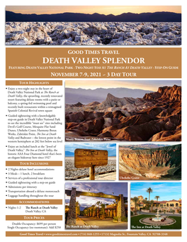 Death Valley Splendor Featuring Death Valley National Park - Two-Night Stay at the Ranch at Death Valley - Step-On Guide November 7-9, 2021 ~ 3 Day Tour