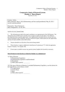 Macro Report Comparative Study of Electoral Systems Module 4: Macro Report September 10, 2012