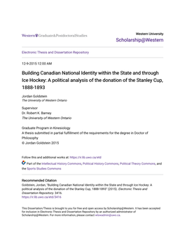 Building Canadian National Identity Within the State and Through Ice Hockey: a Political Analysis of the Donation of the Stanley Cup, 1888-1893