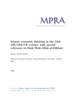 Islamic Economic Thinking in the 12Th AH/18Th CE Century with Special Reference to Shah Wali-Allah Al-Dihlawi