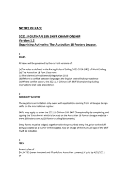 NOTICE of RACE 2021 JJ GILTINAN 18Ft SKIFF CHAMPIONSHIP