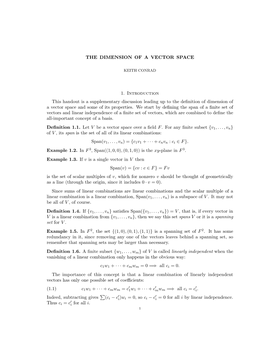 THE DIMENSION of a VECTOR SPACE 1. Introduction This Handout
