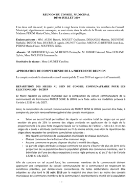 Conseil Municipal Du 04 Juillet 2019