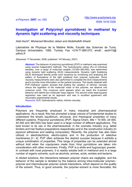 Investigation of Poly(Vinyl Pyrrolidone) in Methanol by Dynamic Light Scattering and Viscosity Techniques