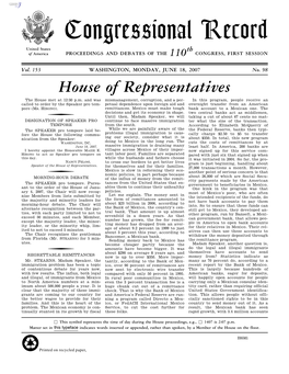 Congressional Record United States Th of America PROCEEDINGS and DEBATES of the 110 CONGRESS, FIRST SESSION