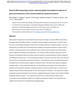 Nascent RNA Sequencing Reveals a Dynamic Global Transcriptional Response at Genes and Enhancers to the Natural Medicinal Compound Celastrol