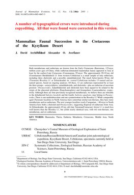 Mammalian Faunal Succession in the Cretaceous of the Kyzylkum Desert