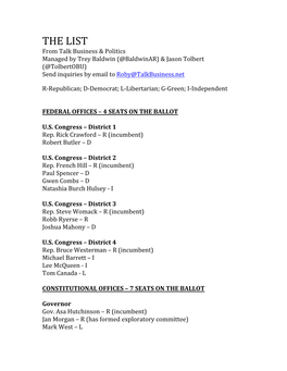 THE LIST from Talk Business & Politics Managed by Trey Baldwin (@Baldwinar) & Jason Tolbert (@Tolbertobu) Send Inquiries by Email to Roby@Talkbusiness.Net