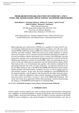 Pbmr-400 Benchmark Solution of Exercise 1 and 2 Using the Moose Based Applications: Mammoth, Pronghorn