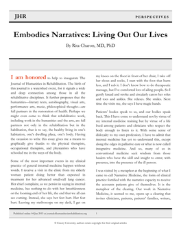 Embodies Narratives: Living out Our Lives by Rita Charon, MD, Phd