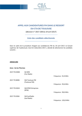 Liste Des Candidats Sélectionnés Appel CTA Toulouse CP Du 06-12-17