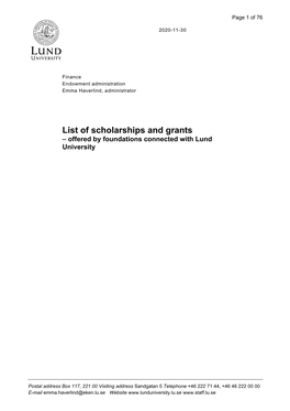 List of Scholarships and Grants – Offered by Foundations Connected with Lund University