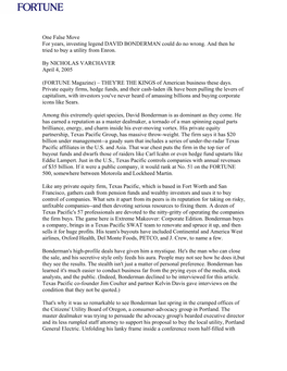One False Move for Years, Investing Legend DAVID BONDERMAN Could Do No Wrong. and Then He Tried to Buy a Utility from Enron. By