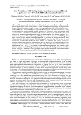 Over Production of Milk Clotting Enzyme from Rhizomucor Miehei Through Adjustment of Growth Under Solid State Fermentation Conditions