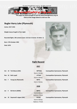 Fight Record Bugler Harry Lake (Plymouth)
