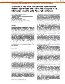 Structure of the Entb Multidomain Nonribosomal Peptide Synthetase and Functional Analysis of Its Interaction with the Ente Adenylation Domain