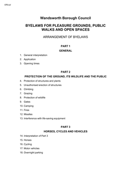 Wandsworth Council Parks and Open Spaces Byelaws