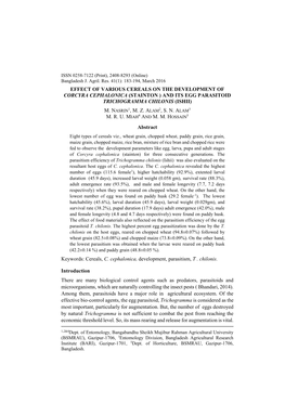 Effect of Various Cereals on the Development of Corcyra Cephalonica (Stainton ) and Its Egg Parasitoid Trichogramma Chilonis (Ishii) M