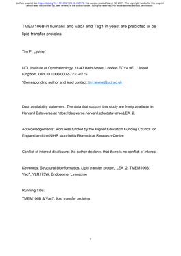 TMEM106B in Humans and Vac7 and Tag1 in Yeast Are Predicted to Be Lipid Transfer Proteins