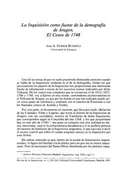La Inquisíción Comofuente De La Demografla De Aragón. El Censo De