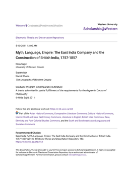 Myth, Language, Empire: the East India Company and the Construction of British India, 1757-1857