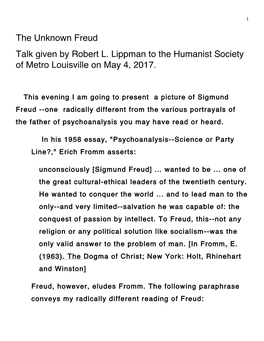 The Unknown Freud Talk Given by Robert L. Lippman to the Humanist Society of Metro Louisville on May 4, 2017