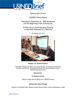 Special Open Forum USINDO History Series Indonesia's September 30, 1965 Movement and the Beginning of the Suharto Era: Enhancin