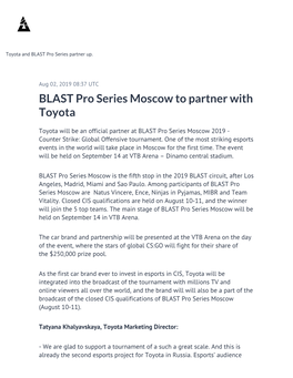 BLAST Pro Series Moscow to Partner with Toyota