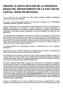 Crease La Sexta Seccion De La Provincia Ingavi Del Departamento De La Paz Con Su Capital Jesus De Machaka