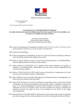 Arrêté Préfectoral N° 2015/DDT/SEPR/137 Définissant