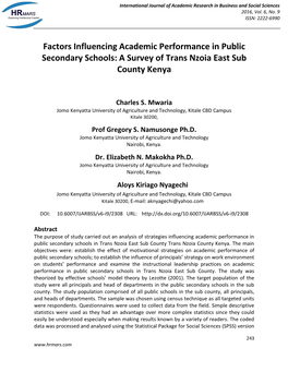 Factors Influencing Academic Performance in Public Secondary Schools: a Survey of Trans Nzoia East Sub County Kenya