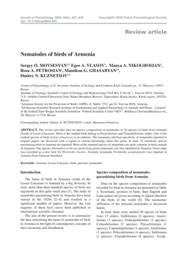 Review Article Nematodes of Birds of Armenia