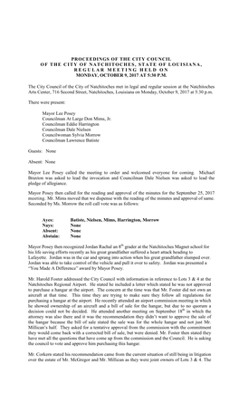 Proceedings of the City Council of the City of Natchitoches, State of Louisiana, Regular Meeting Held on Monday, October 9, 2017 at 5:30 P.M