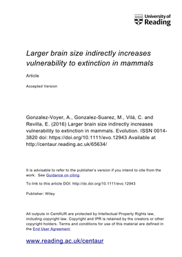 Larger Brain Size Indirectly Increases Vulnerability to Extinction in Mammals