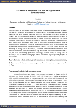 Metabolism of Non-Growing Cells and Their Application in Biotransformation