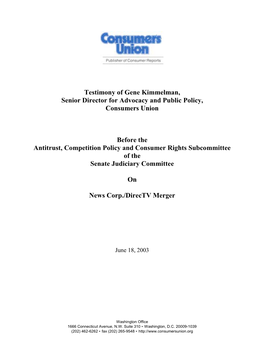 Testimony of Gene Kimmelman, Senior Director for Advocacy and Public Policy, Consumers Union