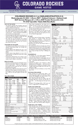 COLORADO ROCKIES (3-1) at OAKLAND ATHLETICS (3-2) Wednesday, July 29, 2020 • 1:40 P.M